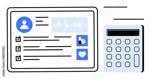 Patient profile with heartbeat graph, checklist, medicine icon, and calculator for precise data evaluation. Ideal for healthcare, analytics, medical recordkeeping, technology, wellness organization