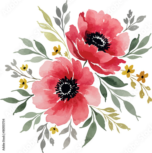 Red watercolor poppy array
