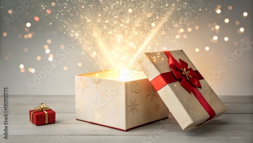  magical and enchanting scene featuring an open gift box with dazzling golden light and sparkling particles emanating upwards, as if revealing a wondrous surprise. 