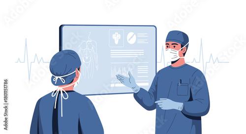 Medical Professionals Discussing And Examining Diagnostics Displayed On Modern Touchscreen Interface