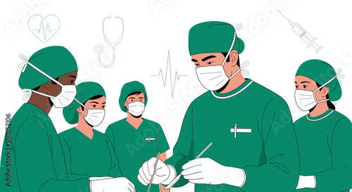 Medical Team in Green Operation Room Performing Surgical Procedure With Determination