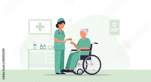 Nurse Administers Medication To an Elderly Patient in a Wheelchair and Healthcare Concepts