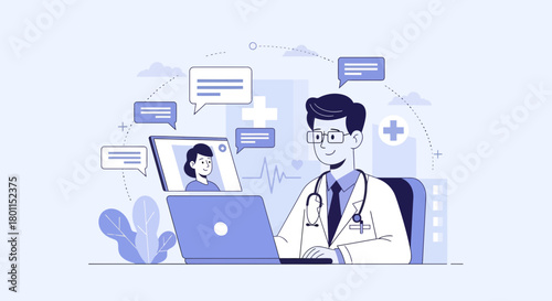 Online Medical Consultation Depicted With Doctor and Patient on a Laptop Screen