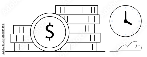 Coin stack with dollar sign in front and clock on the side symbolizes money management, time investment, priorities, financial planning, wealth, business goals, and efficiency. Ideal for savings