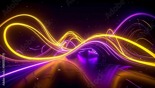 A vibrant, neon-lit digital artwork. Colorful flowing streaks of light illuminate a dark, textured surface, creating an energetic abstract design
