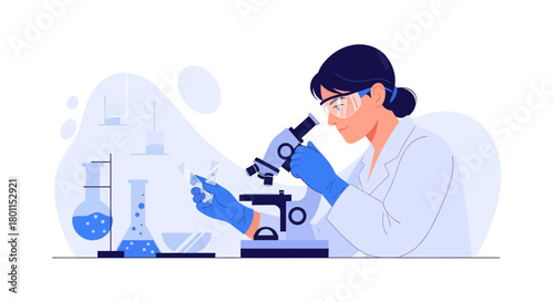 Scientist Conducting Research Using Microscope In Modern Laboratory Illustration