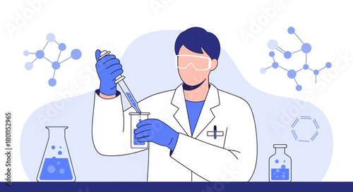 Scientist Conducting Scientific Research in Laboratory with Chemical Reaction Illustrations
