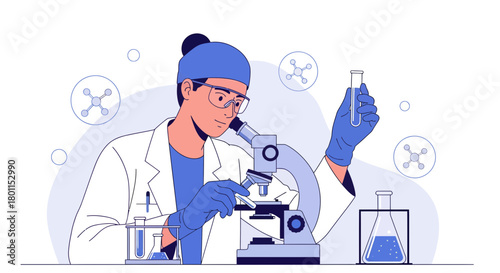 Scientist Conducting Scientific Research Inside A Laboratory With Microscope and Chemicals