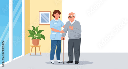 Supporting The Elderly: A Caregiver Assisting an Older Gentleman With Walk Assistance
