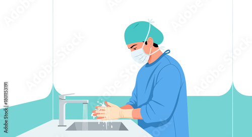 Surgeon Washing Hands For Hygiene And Preparation In Medical Setting Procedure