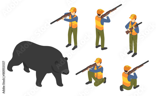 アイソメトリックイラスト：猟友会の猟師と熊