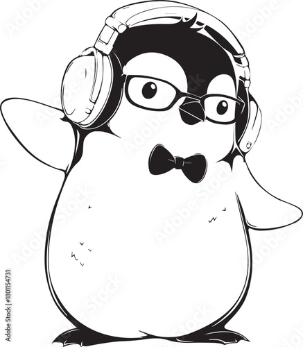 Melody in a Tux: A whimsical cartoon penguin, adorned in stylish spectacles, headphones and a bow tie, grooves to the rhythm. Capturing music passion and joy