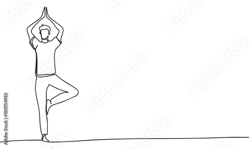 Continuous Line Drawing of Person in Yoga Tree Pose