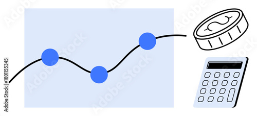 Graph with points on a curve represents financial trends, accompanied by a coin and calculator emphasizing budgeting, decision-making, or economic growth. Ideal for analytics, finance, statistics