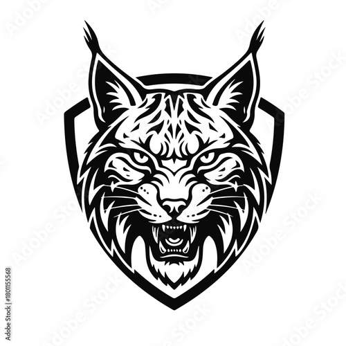 A logo featuring a stylized lynx head, executed in bold monochrome lines, showcasing its sharp features and wild expression. Lynx head, wild cat, predator logo, animal emblem, feline symbol