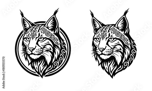 A logo featuring a stylized lynx head, executed in bold monochrome lines, showcasing its sharp features and wild expression. Lynx head, wild cat, predator logo, animal emblem, feline symbol