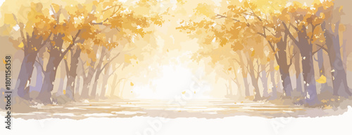 Soft, impressionistic autumn forest path bathed in warm golden sunlight, evoking a sense of peace.