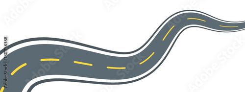 Curved highway flat line illustration. Vector outline pictogram of a winding asphalt road with yellow dashed lane markings and white borders, symbolizing aerial view of travel route and journey path.