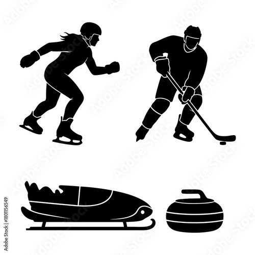 Winter Sport Silhouette Set Ice Skate Hockey Bobsled Curl