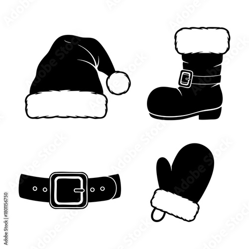Santas Suit Silhouette Set Hat Boot Belt Mitten Vector