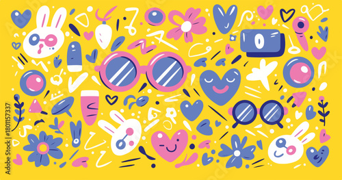 A cheerful vector illustration featuring a playful assortment of hand-drawn summer doodles, cute icons, and whimsical elements on a bright yellow backdrop.
