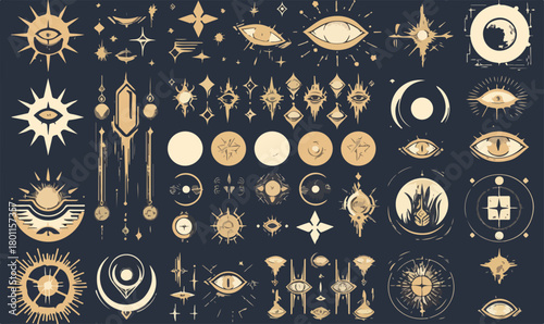 An enchanting vector collection showcasing mystical celestial symbols like all-seeing eyes, suns, moons, and stars, ideal for esoteric and spiritual designs.