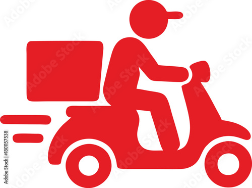 A red icon depicting a person riding a scooter with a delivery box on the back, symbolizing fast delivery services.