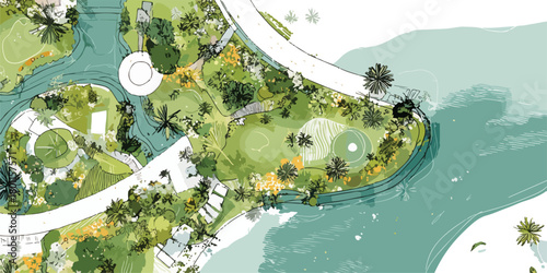 An illustrative aerial vector plan showcasing a lush green landscape design with water features and pathways.