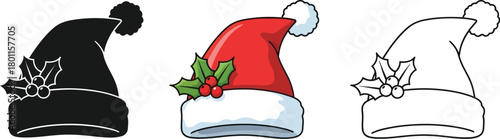 Three santa hats with holly in different styles, including silhouette, color, and outline versions for christmas designs
