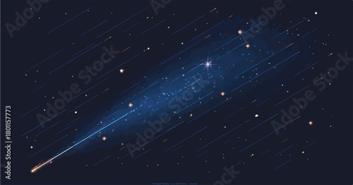 A vibrant vector illustration depicts a luminous comet streaking across a deep cosmic night sky filled with countless twinkling stars.