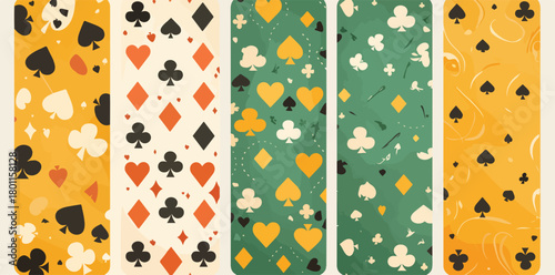 A vibrant and diverse collection of playing card suit patterns in a retro vector style, perfect for casino-themed designs and graphic backgrounds.