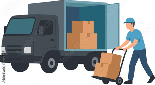 A delivery person is loading boxes onto a truck using a hand truck.