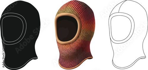 Set of balaclava mask vector illustration winter sport equipment, ski or snowboard face protection in three styles