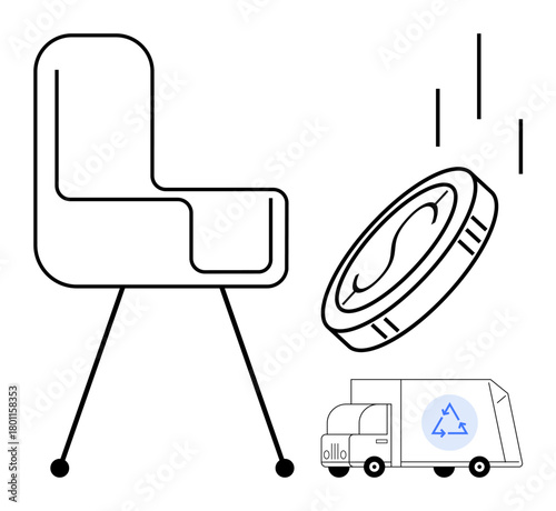 Modern chair, large coin, and recycling truck promote themes of innovation, sustainable development, waste reduction, circular economy, eco-conscious living, resource efficiency, and financial