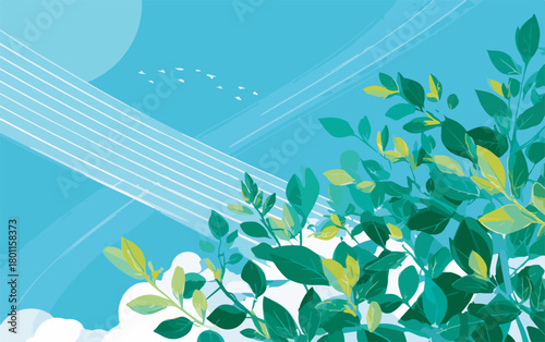A vibrant vector illustration captures the essence of a fresh, sunny day with lush green foliage reaching towards a clear blue sky.