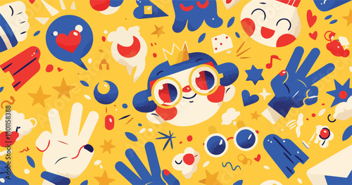 A vibrant and cheerful vector pattern featuring cute cartoon characters, playful elements, and positive symbols on a bright yellow background.