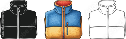 Winter jacket in three styles color, silhouette, and outline warm outerwear for cold weather