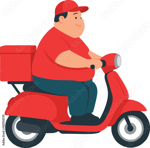 A cartoon illustration of a plump delivery man riding a red scooter with a red delivery box on the back.