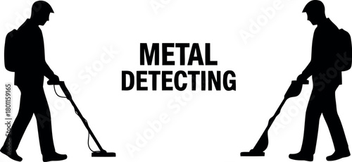 Silhouette of two men with metal detectors and the text Metal Detecting on white background searching on transparent background