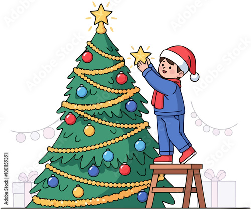 A young child decorates a Christmas tree, placing a star ornament on the top.
