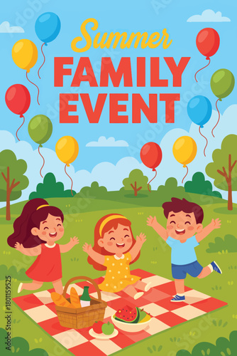 Sunny park picnic illustration with three happy children laughing on a red‑and‑white blanket, a basket of fruits, balloons, family bonding, summer fun, joy, togetherness, and outdoor lifestyle.