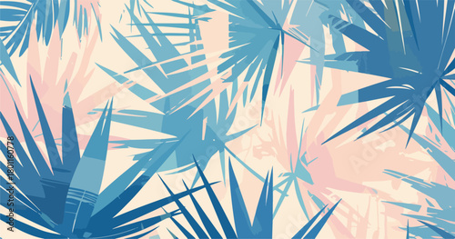 A stylish vector illustration featuring an abstract tropical palm leaf pattern in soft blue and pink tones, perfect for modern design backgrounds.