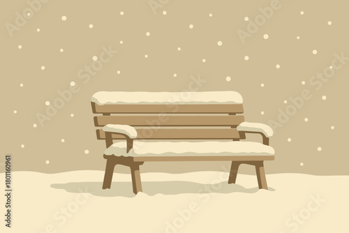 Snow-Covered Park Bench. minimalist flat illustration of a park bench covered in fresh snow, snowflakes