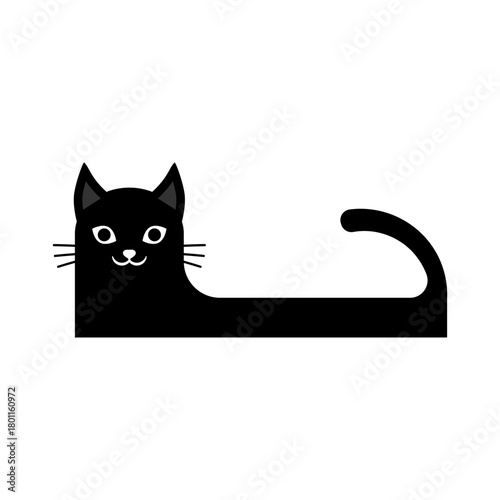 Long black cat with half body. Funny and cute cat face. Vector illustration.