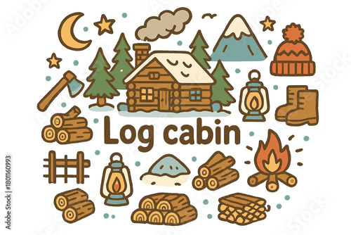 Whimsical Log Cabin. Log cabin. Hand-drawn doodle illustration of log cabin. Wooden house, chimney smoke, pine