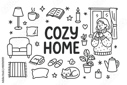 Warm Interior Doodles. Cozy Home. Hand-drawn doodle illustration of warm cozy interior with person in sweater