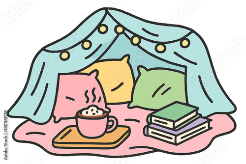 Cozy Blanket Fort. "Hot chocolate and blanket scene". Cute doodle of a blanket fort filled with pillows, fairy