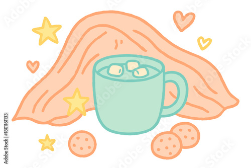 Cozy Hot Chocolate Doodle. "Hot chocolate and blanket scene". Minimal doodle of hot chocolate mug with