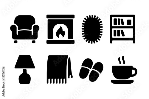 Cozy Icons Grid. Cozy Interior. Filled icon set of Cozy Interior: armchair, fireplace, rug, bookshelf, lamp,