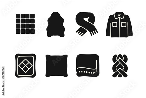 Warm Texture Icons. Warm Textures. Filled icon set of Warm Textures: wool fabric, fur rug, knitted scarf,
